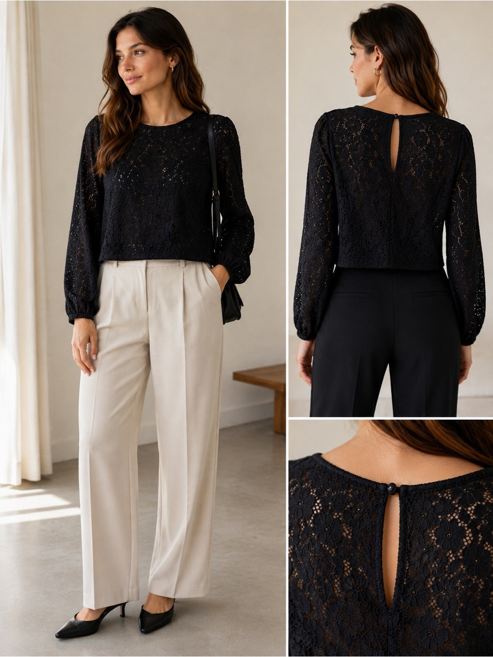Abercrombie & Fitch Black Floral Lace Long Sleeve Open Back Top - Size M
